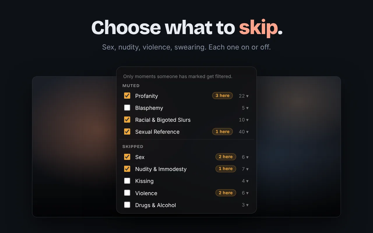 CutCat's settings panel, with separate switches for sex, nudity, violence and kinds of language